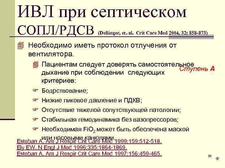 ИВЛ при септическом СОПЛ/РДСВ (Dellinger, et. al. Crit Care Med 2004, 32: 858 -873)