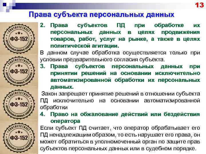 13 Права субъекта персональных данных 2. Права субъектов ПД при обработке их персональных данных