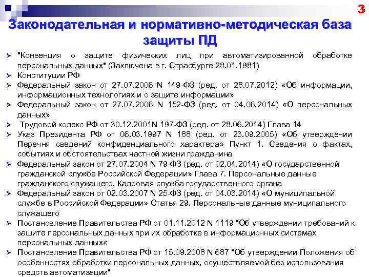 Законодательная и нормативно-методическая база защиты ПД Ø Ø Ø Ø Ø 