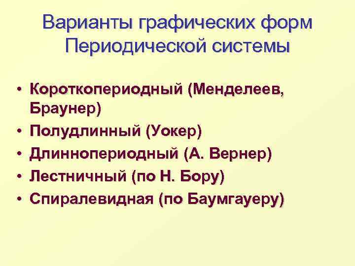 Варианты графических форм Периодической системы • Короткопериодный (Менделеев, Браунер) • Полудлинный (Уокер) • Длиннопериодный