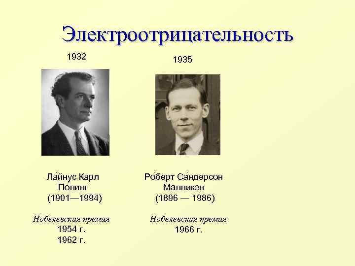 Электроотрицательность 1932 1935 Ла йнус Карл По линг (1901— 1994) Ро берт Са ндерсон