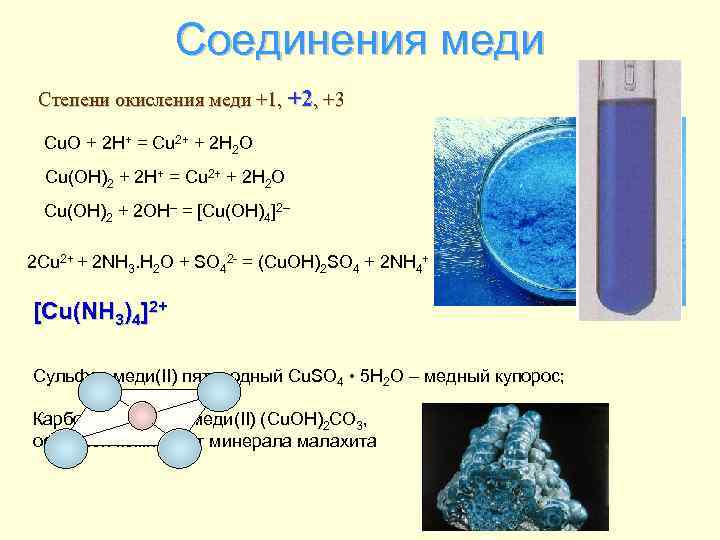 Соединения меди Степени окисления меди +1, +2, +3 Cu. O + 2 H+ =