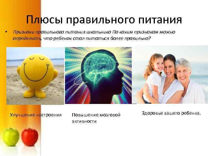Плюсы правильного питания • Признаки правильного питания школьника По каким признакам можно определить, что