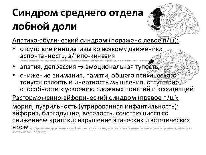 Синдром среднего отдела лобной доли Апатико-абулический синдром (поражено левое п/ш): • отсутствие инициативы ко