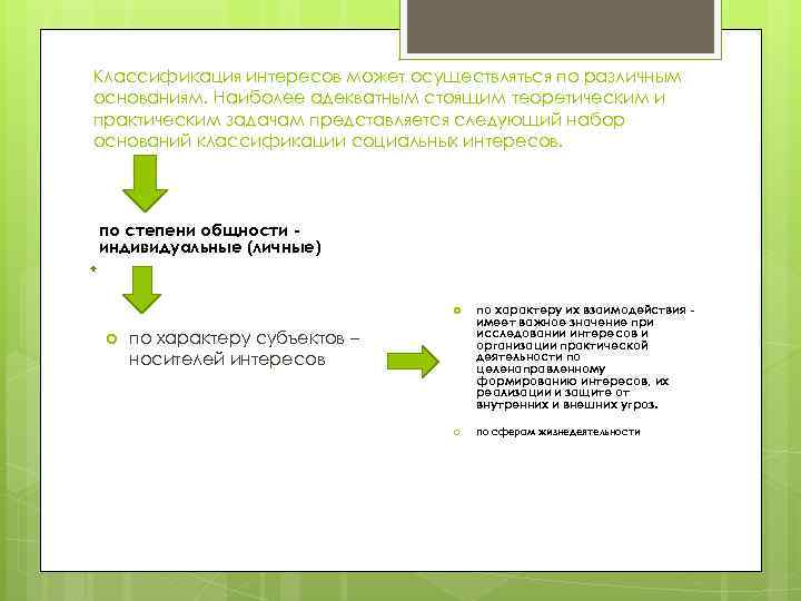 Классификация интересов может осуществляться по различным основаниям. Наиболее адекватным стоящим теоретическим и практическим задачам