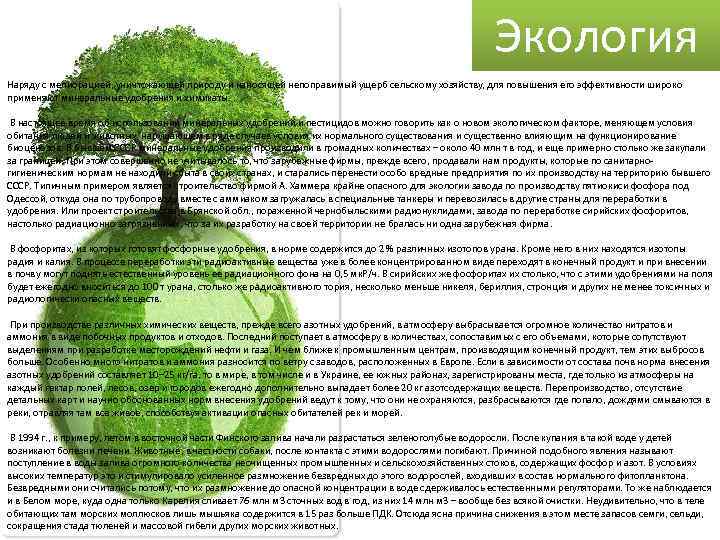 Экология Наряду с мелиорацией, уничтожающей природу и наносящей непоправимый ущерб сельскому хозяйству, для повышения