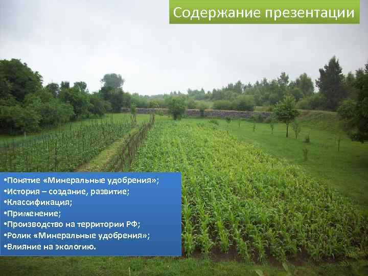 Содержание презентации • Понятие «Минеральные удобрения» ; • История – cоздание, развитие; • Классификация;