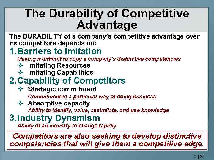 The Durability of Competitive Advantage The DURABILITY of a company’s competitive advantage over its