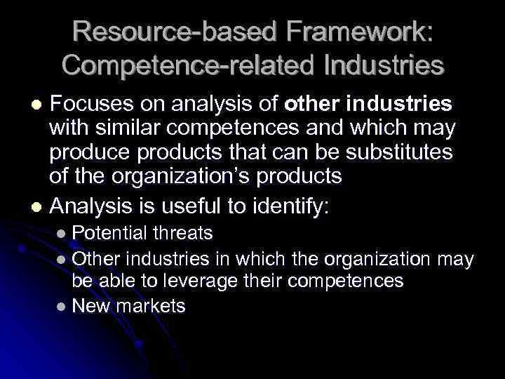 Resource-based Framework: Competence-related Industries Focuses on analysis of other industries with similar competences and