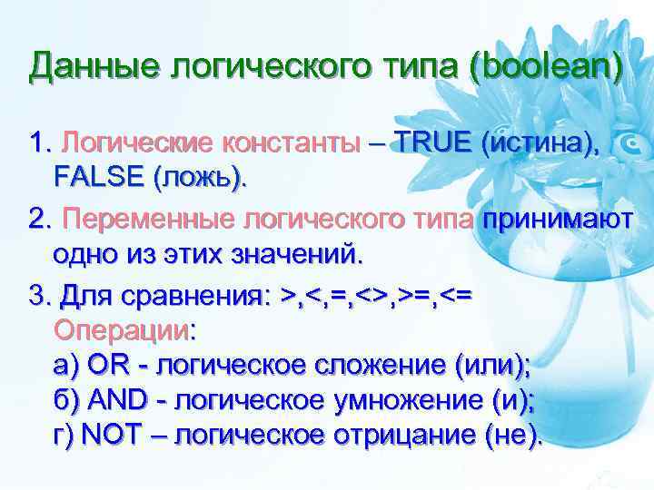 Данные логического типа (boolean) 1. Логические константы – TRUE (истина), FALSE (ложь). 2. Переменные
