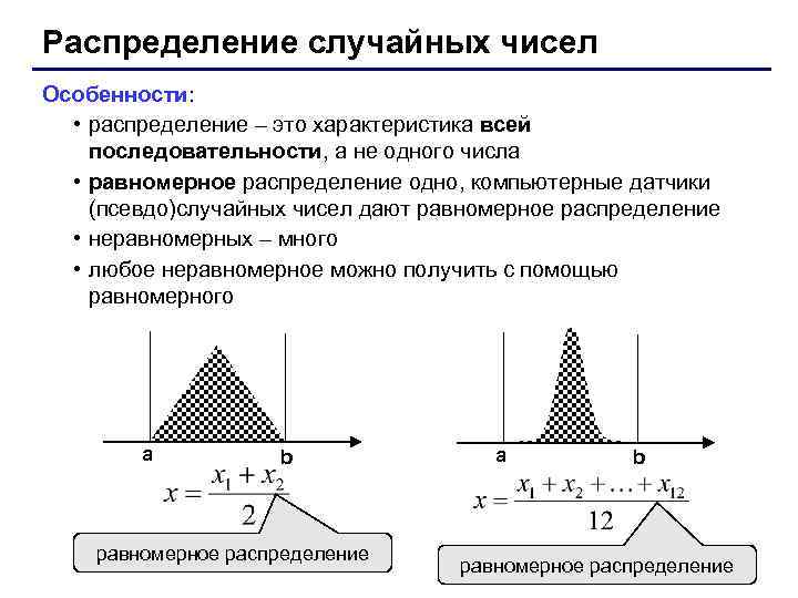 Распределение случайных чисел Особенности: • распределение – это характеристика всей последовательности, а не одного