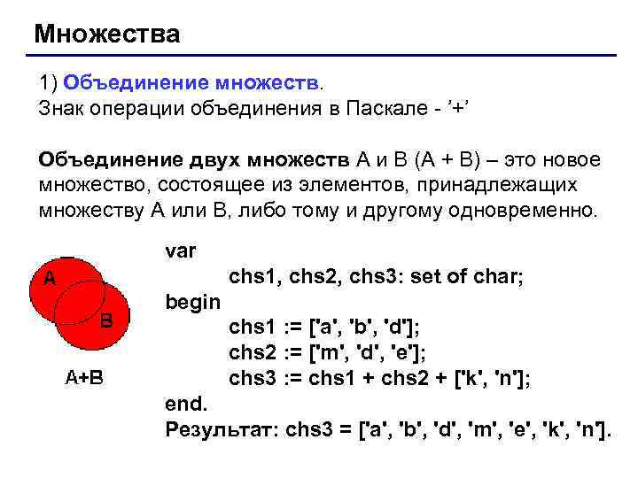 Множества 1) Объединение множеств. Знак операции объединения в Паскале - ’+’ Объединение двух множеств