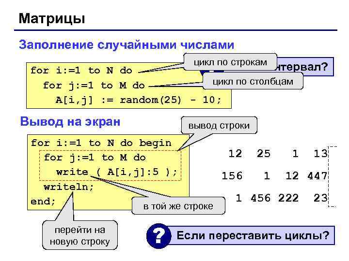 Матрицы Заполнение случайными числами ? цикл по строкам Какой интервал? for i: =1 to