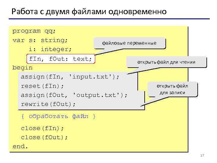 Работа с двумя файлами одновременно program qq; var s: string; файловые переменные i: integer;