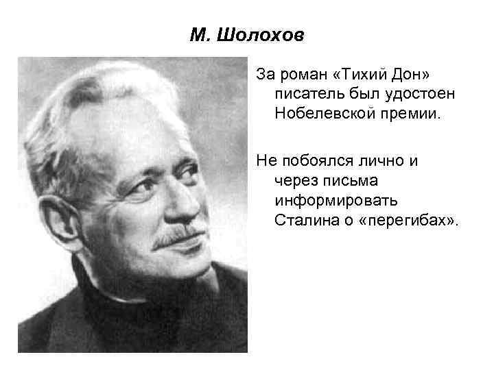 М. Шолохов За роман «Тихий Дон» писатель был удостоен Нобелевской премии. Не побоялся лично