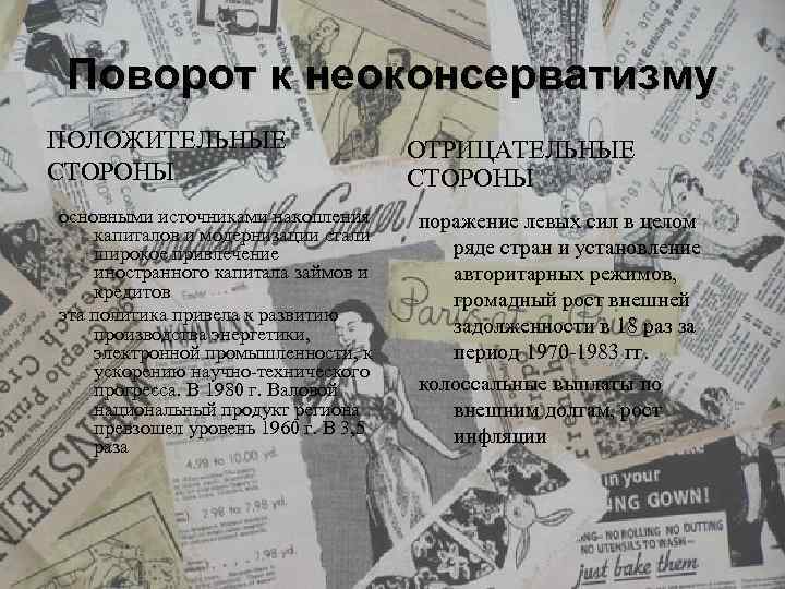 Поворот к неоконсерватизму ПОЛОЖИТЕЛЬНЫЕ СТОРОНЫ основными источниками накопления капиталов и модернизации стали широкое привлечение