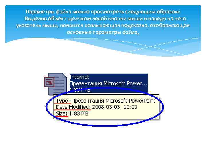 Параметры файла можно просмотреть следующим образом: Выделив объект щелчком левой кнопки мыши и наведя