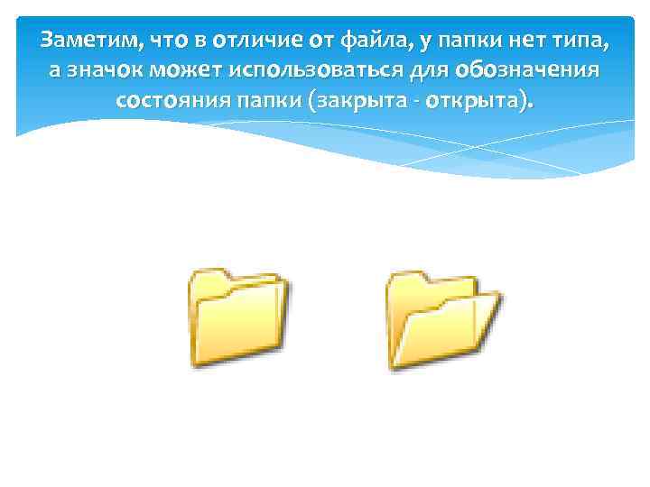 Заметим, что в отличие от файла, у папки нет типа, а значок может использоваться