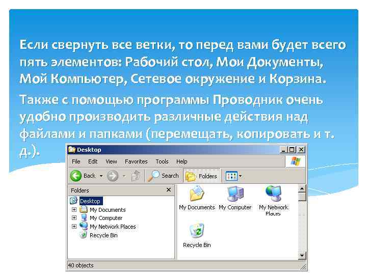 Если свернуть все ветки, то перед вами будет всего пять элементов: Рабочий стол, Мои