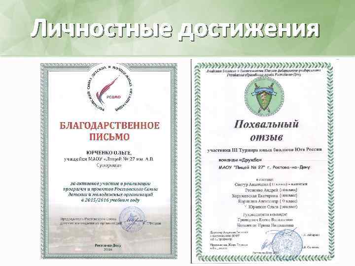 Личностные достижения 