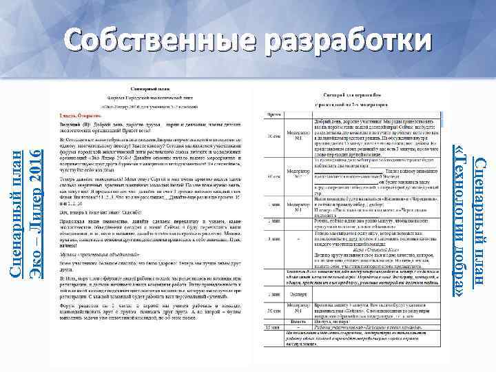 Сценарный план «Технологии добра» Сценарный план Эко – Лидер 2016 Собственные разработки 