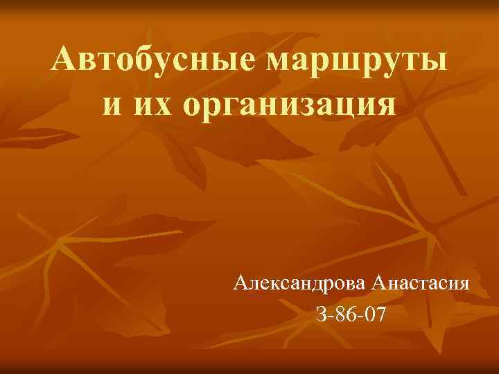 Автобусные маршруты и их организация Александрова Анастасия З-86 -07 
