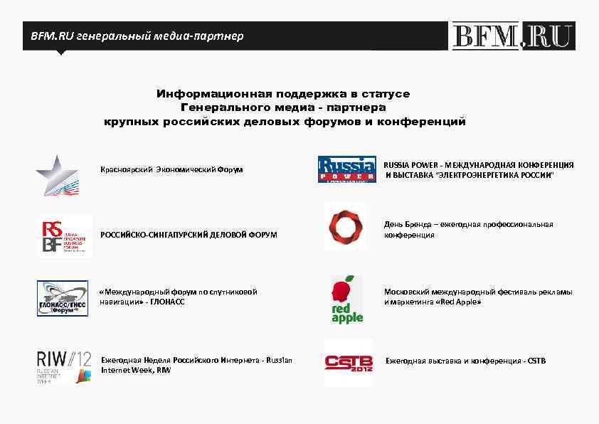 BFM. ru – Генеральный медиа - партнер … BFM. RU генеральный медиа-партнер Информационная поддержка