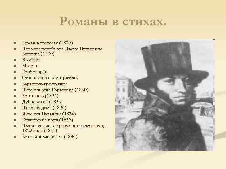 Романы в стихах. n n n n Роман в письмах (1829) Повести покойного Ивана