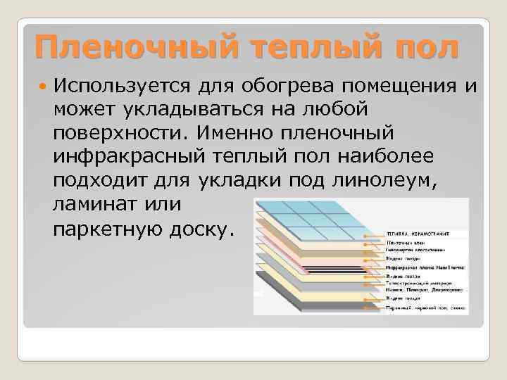 Пленочный теплый пол Используется для обогрева помещения и может укладываться на любой поверхности. Именно