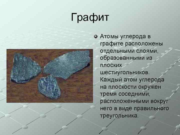 Графит Атомы углерода в графите расположены отдельными слоями, образованными из плоских шестиугольников. Каждый атом