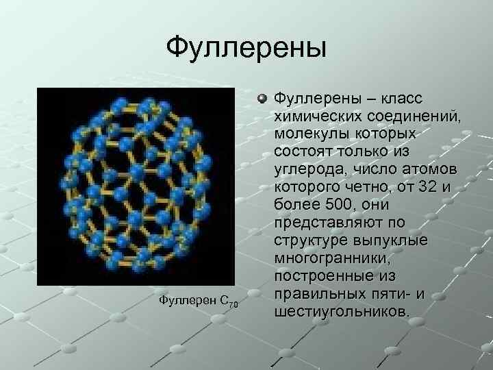 Фуллерены Фуллерен С 70 Фуллерены – класс химических соединений, молекулы которых состоят только из
