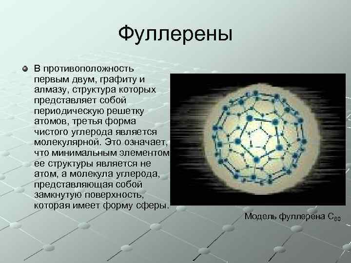 Фуллерены В противоположность первым двум, графиту и алмазу, структура которых представляет собой периодическую решетку