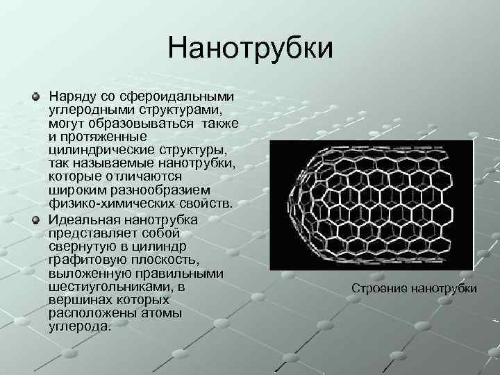 Нанотрубки Наряду со сфероидальными углеродными структурами, могут образовываться также и протяженные цилиндрические структуры, так