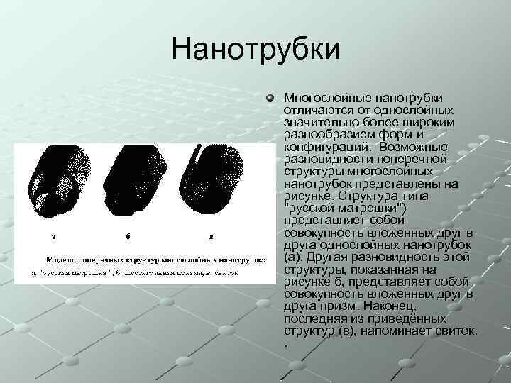 Нанотрубки Многослойные нанотрубки отличаются от однослойных значительно более широким разнообразием форм и конфигураций. Возможные