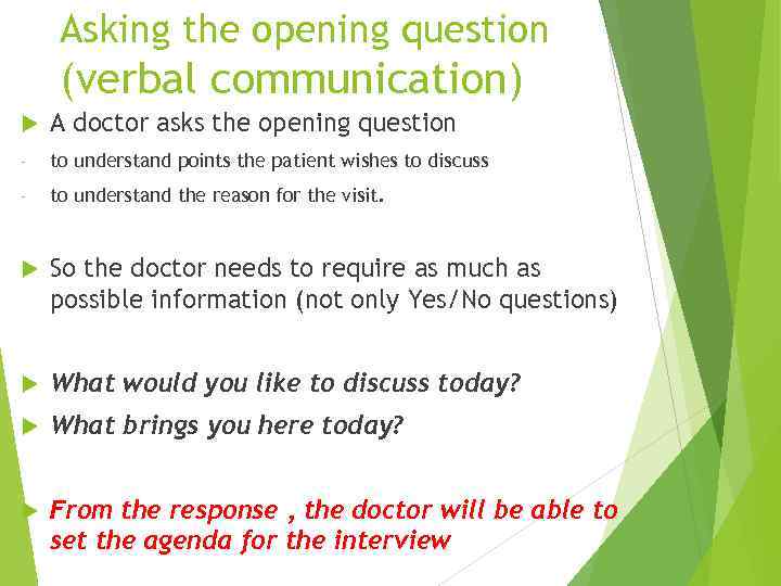 Asking the opening question (verbal communication) A doctor asks the opening question - to