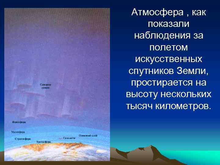 Атмосфера , как показали наблюдения за полетом искусственных спутников Земли, простирается на высоту нескольких