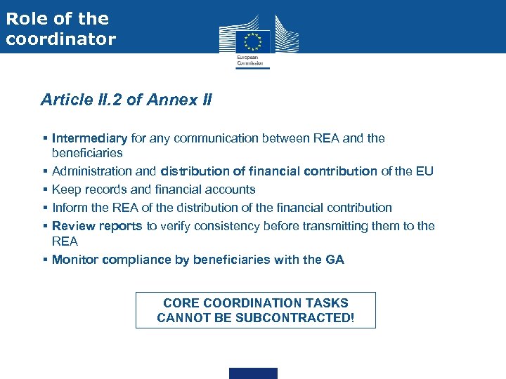 Role of the coordinator § Article II. 2 of Annex II § Intermediary for