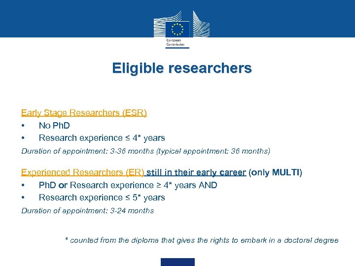 Eligible researchers Early Stage Researchers (ESR) • No Ph. D • Research experience ≤