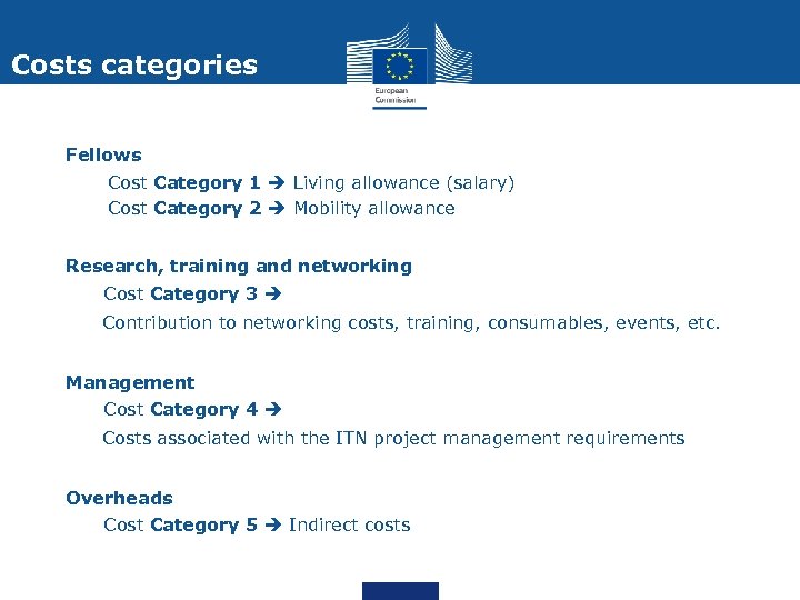 Costs categories Fellows • Cost Category 1 Living allowance (salary) • Cost Category 2