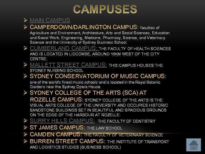 Ø MAIN CAMPUS Ø CAMPERDOWN/DARLINGTON CAMPUS: faculties of Agriculture and Environment, Architecture, Arts and