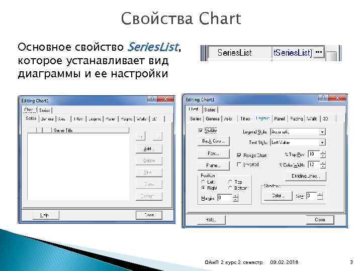 Свойства Chart Основное свойство Series. List, которое устанавливает вид диаграммы и ее настройки ОАи.