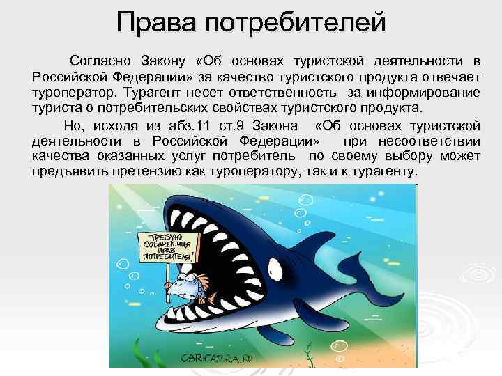 Права потребителей Согласно Закону «Об основах туристской деятельности в Российской Федерации» за качество туристского