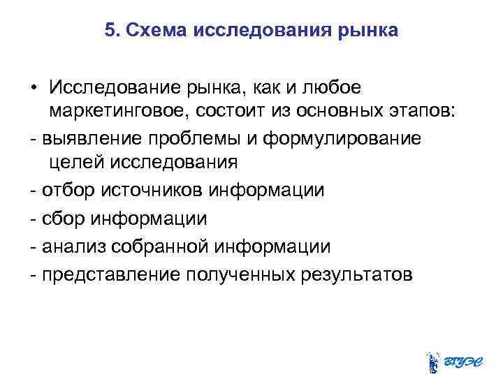 5. Схема исследования рынка • Исследование рынка, как и любое маркетинговое, состоит из основных