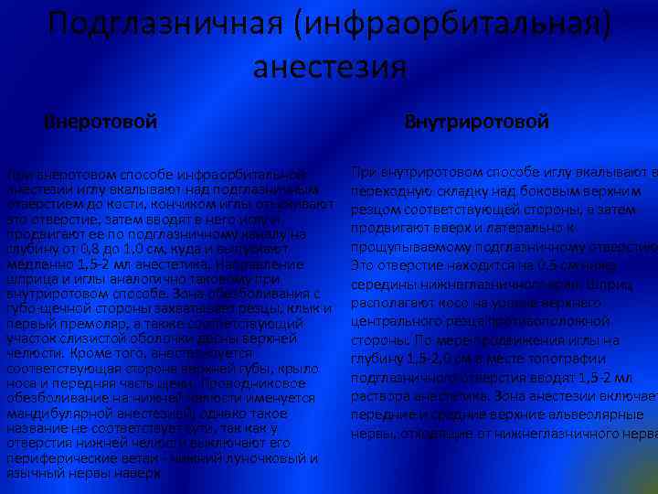Подглазничная (инфраорбитальная) анестезия Внеротовой При внеротовом способе инфраорбитальной анестезии иглу вкалывают над подглазничным отверстием