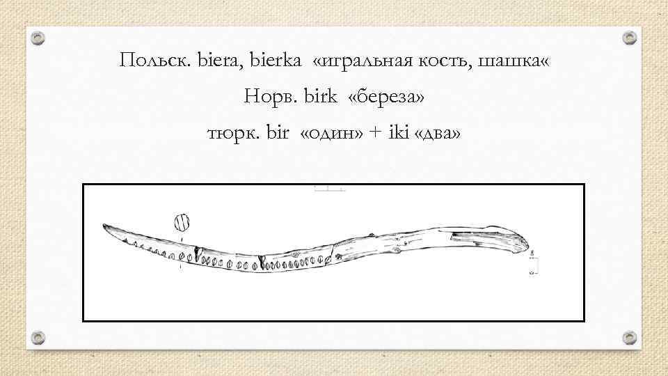 Польск. biera, bierka «игральная кость, шашка « Норв. birk «береза» тюрк. bir «один» +