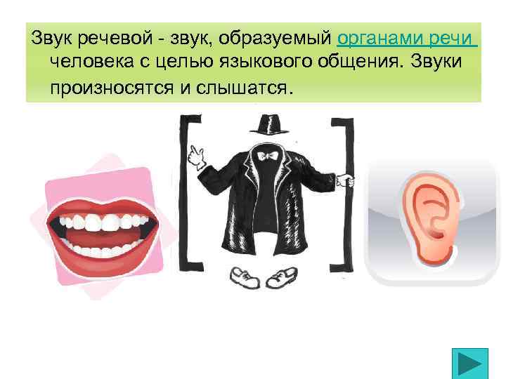 Звук речевой - звук, образуемый органами речи человека с целью языкового общения. Звуки произносятся