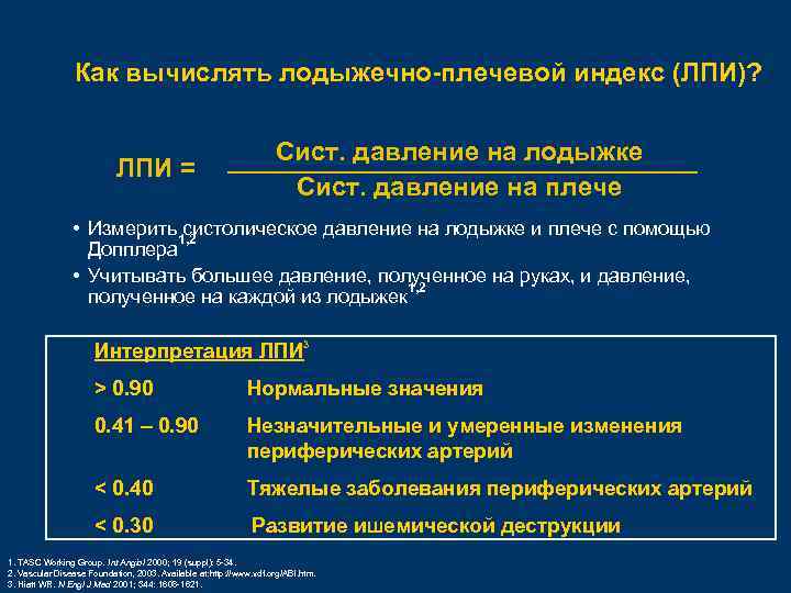 Как вычислять лодыжечно-плечевой индекс (ЛПИ)? ЛПИ = Сист. давление на лодыжке Сист. давление на