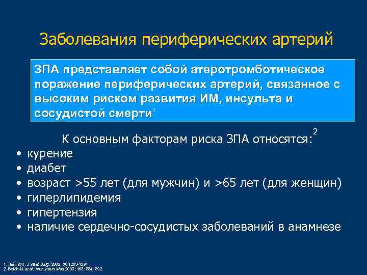 Заболевания периферических артерий ЗПА представляет собой атеротромботическое поражение периферических артерий, связанное с высоким риском