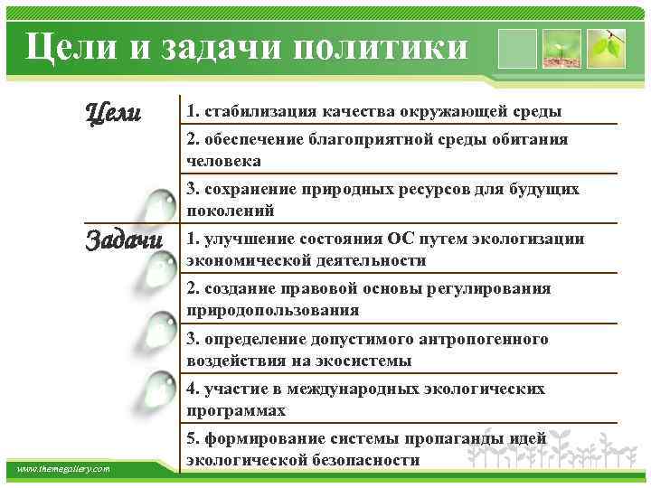 Цели и задачи политики Цели 1. стабилизация качества окружающей среды 2. обеспечение благоприятной среды