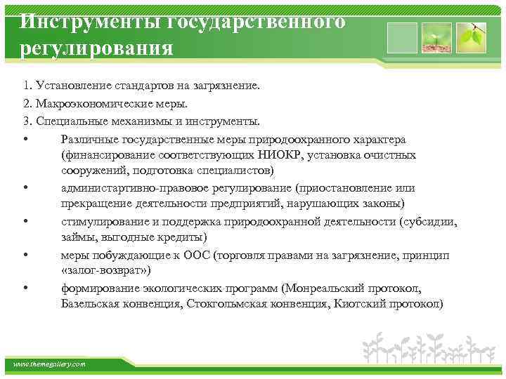Инструменты государственного регулирования 1. Установление стандартов на загрязнение. 2. Макроэкономические меры. 3. Специальные механизмы